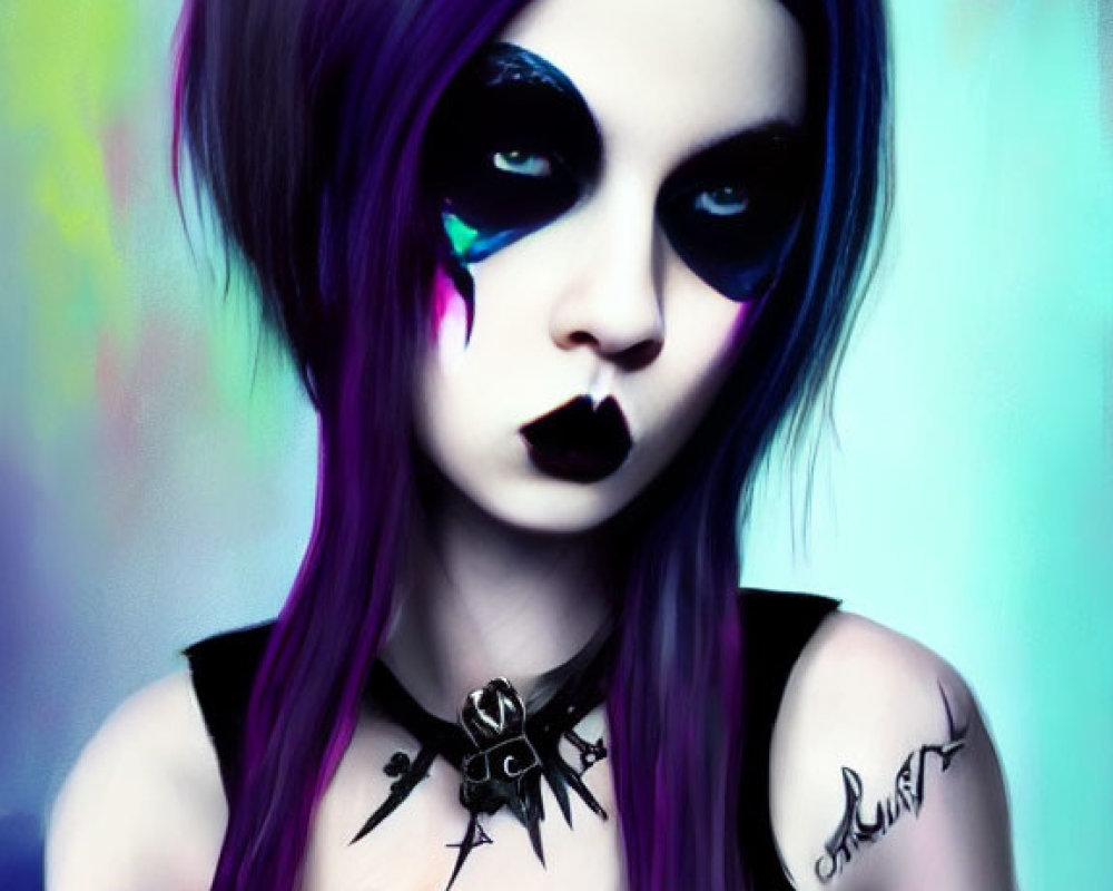 Gothic Style Portrait Featuring Person with Purple Hair, Black Lipstick, Dark Eye Makeup, and