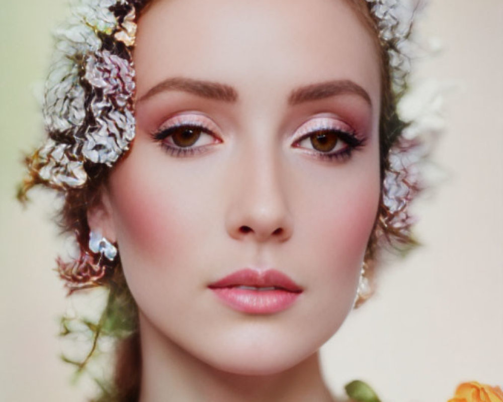 Floral headband woman with subtle makeup and prominent eyelashes