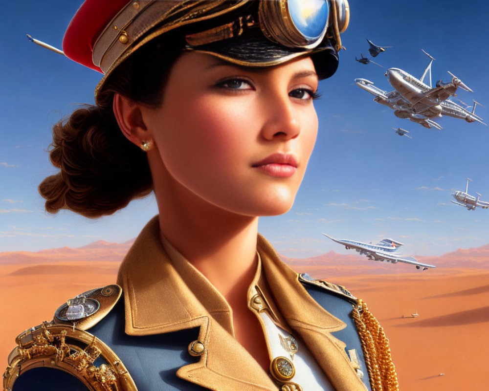 Detailed illustration of woman in pilot uniform with vintage goggles and medals, surrounded by fighter planes in desert sky