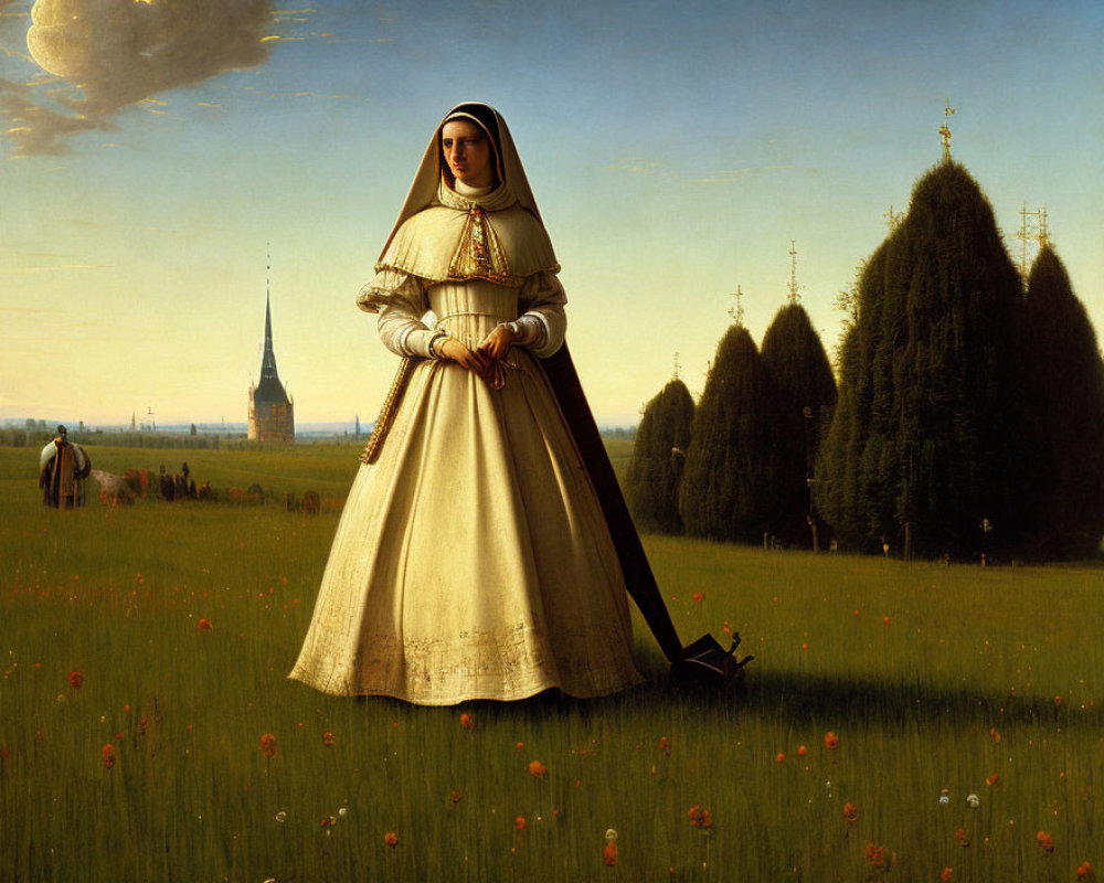 Nun in blooming meadow with trees and spire
