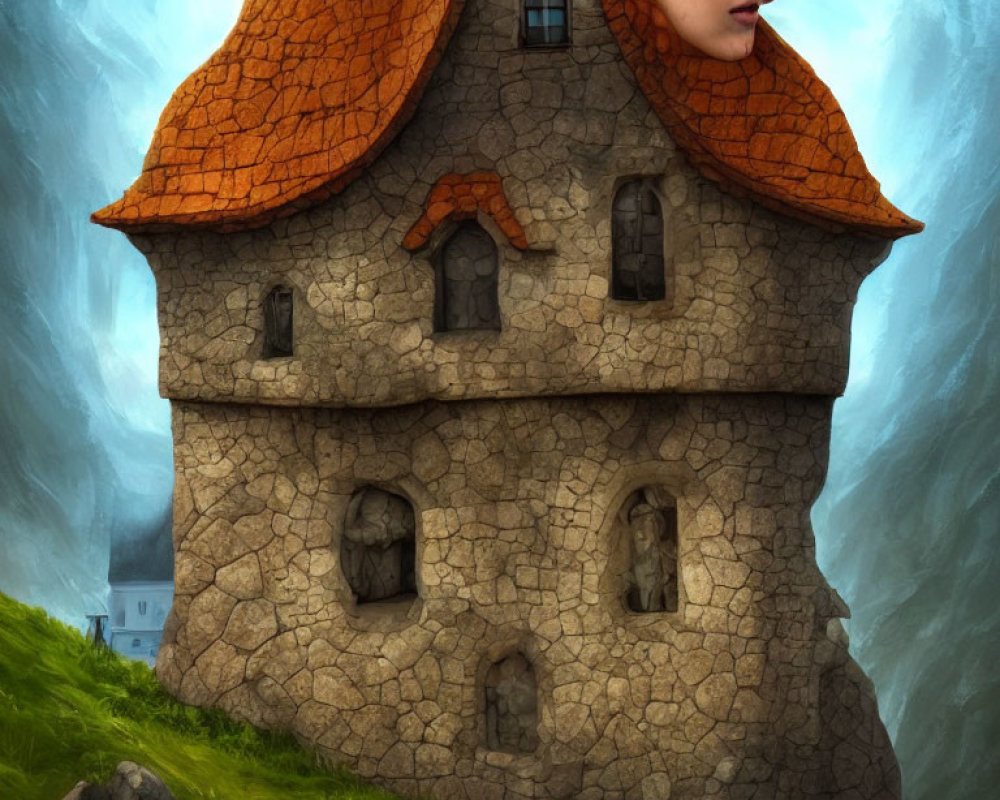 Stone house with woman's face merged against blue sky