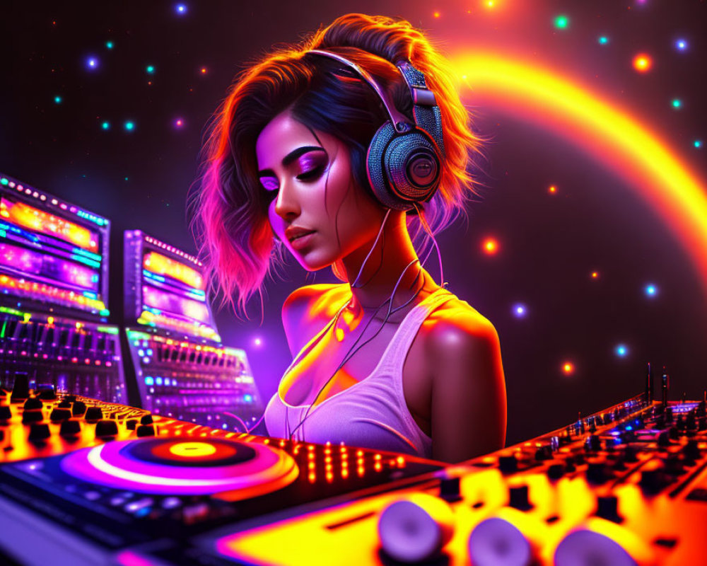 Digital Artwork: Woman with Headphones in Neon Lights & Music Gear