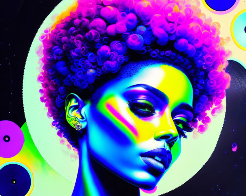 Colorful digital artwork: woman with neon makeup & afro, cosmic background