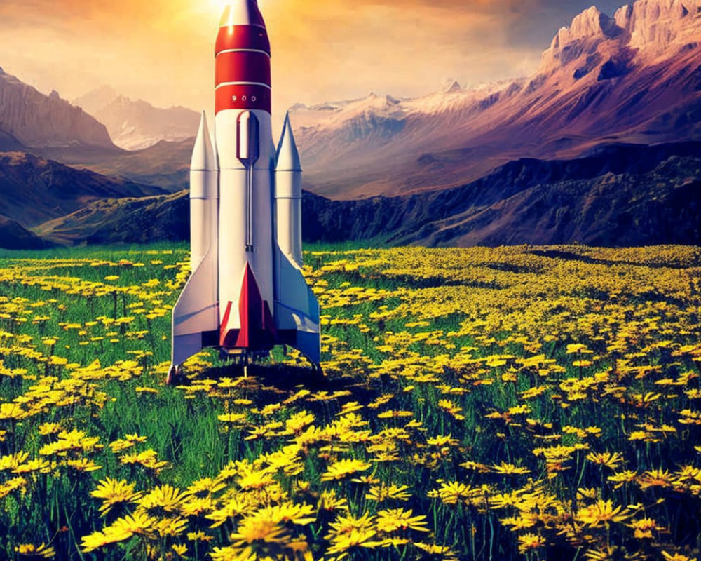 Rocket Model in Vibrant Yellow Flower Field with Snow-Capped Mountains
