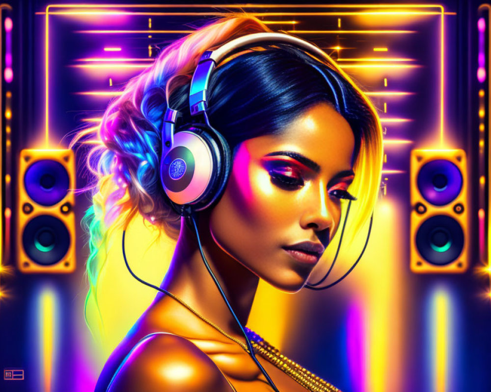 Woman with headphones in neon lights showcases futuristic musical vibe