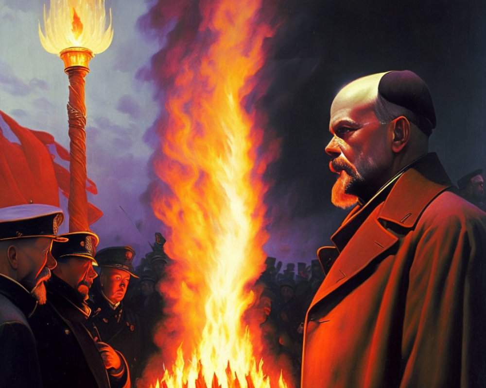 Intense Vladimir Lenin painting with soldiers, torch, and red sky