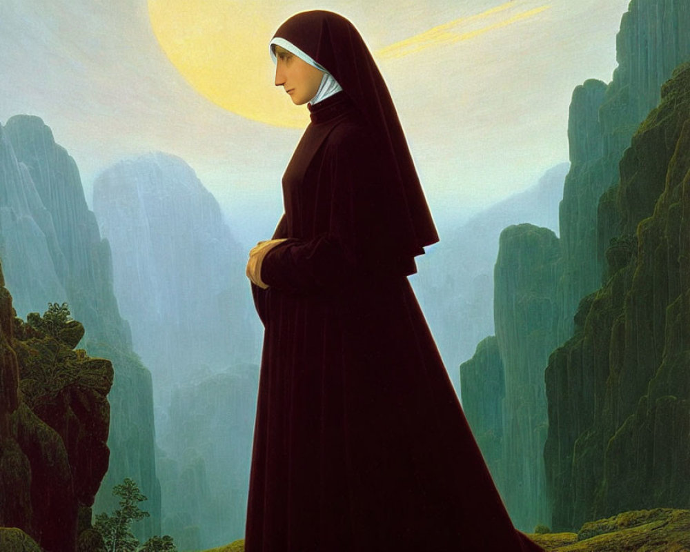 Nun in contemplative pose with dramatic landscape.