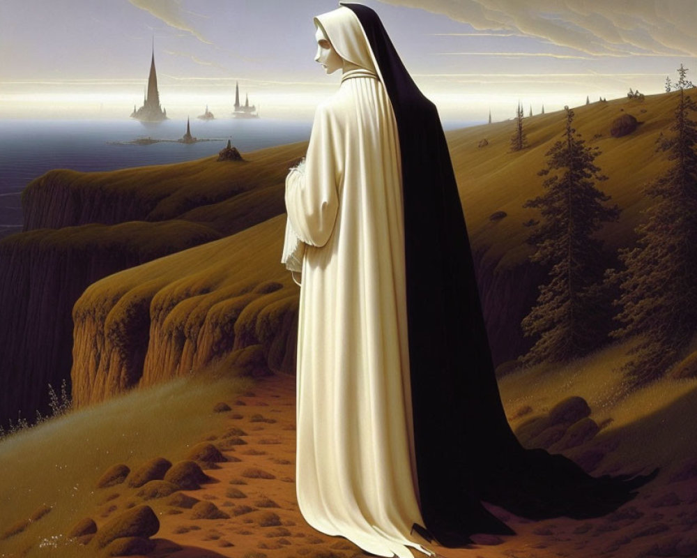 Surrealistic painting of robed figure blending into cliffside by the sea