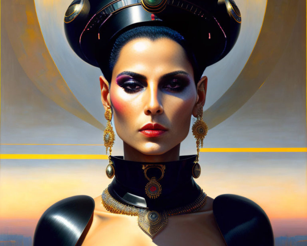 Futuristic woman portrait with elaborate headdress and intense makeup