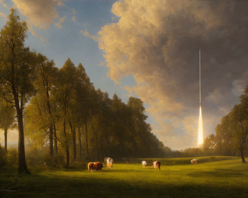 Cattle grazing in serene field with rocket launch in distant sky