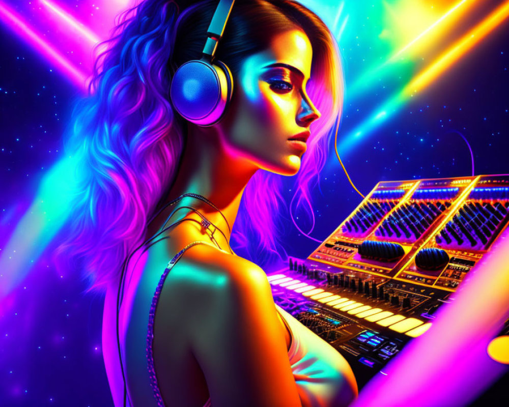 Colorful digital artwork: Woman with headphones at mixing console