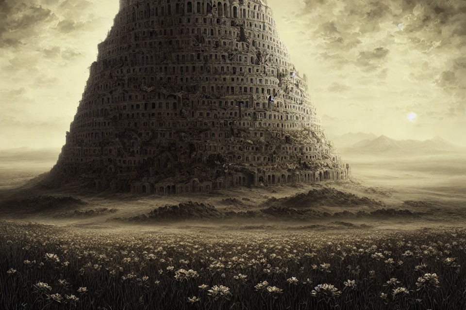 Mysterious towering structure in desolate landscape under hazy sky