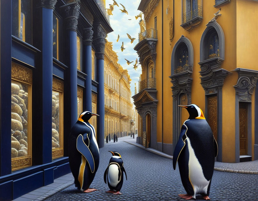 Penguins on cobblestone street with European architecture and flying birds