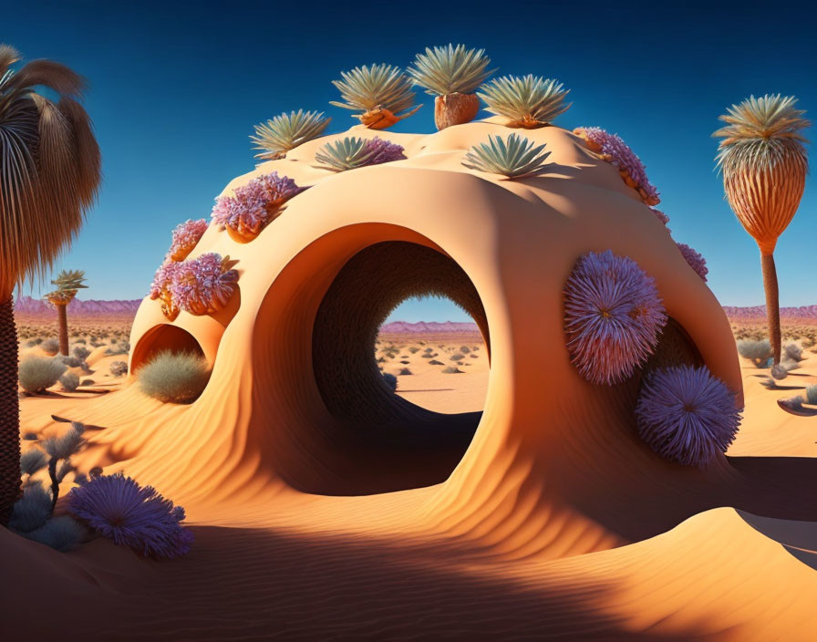 Vibrant surreal desert landscape with arching sand structure