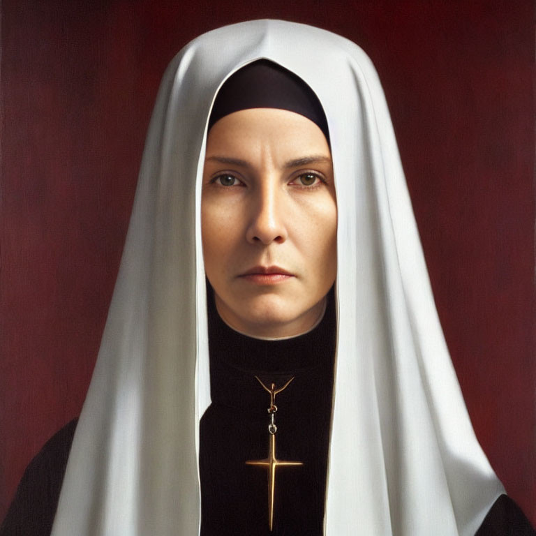 Portrait of woman in nun attire with white habit, black coif, silver cross necklace on red background