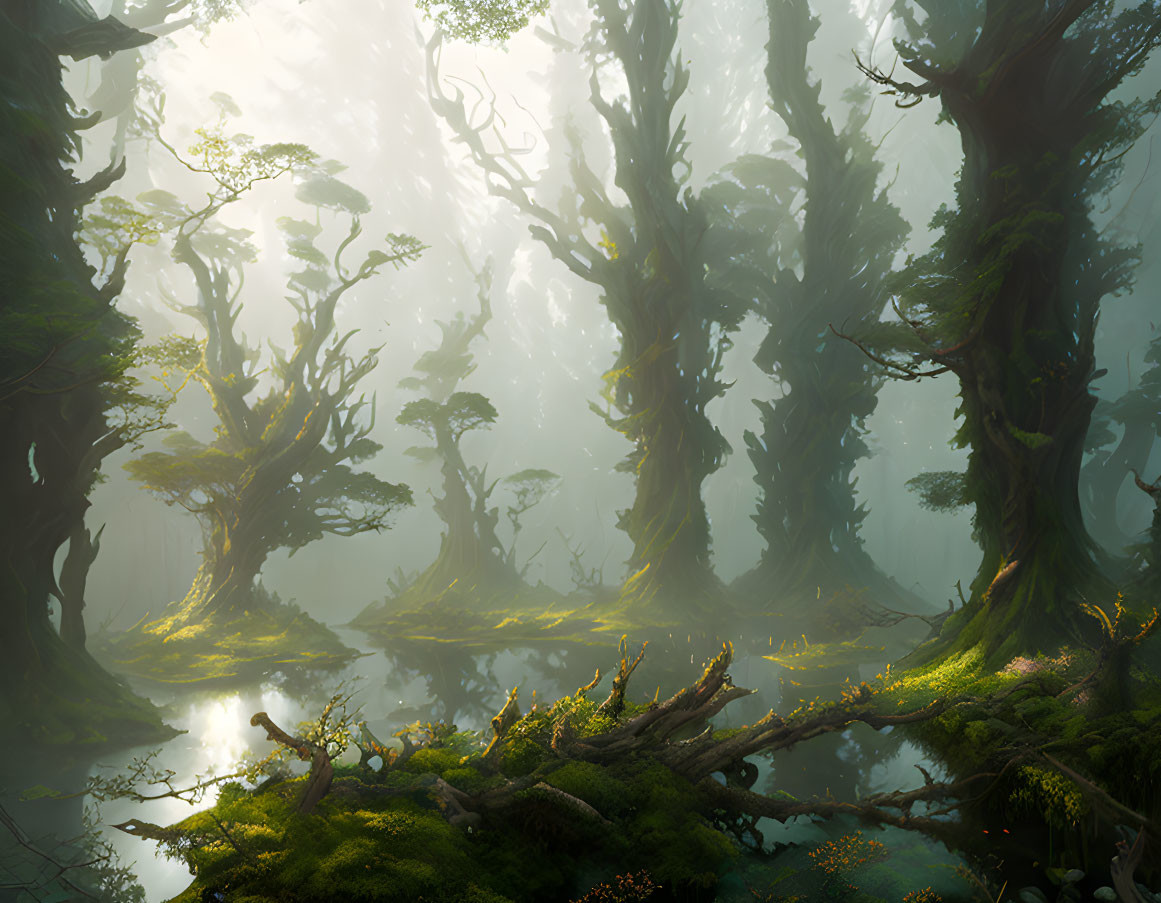 Sunlit Misty Forest Floor with Moss and Ferns