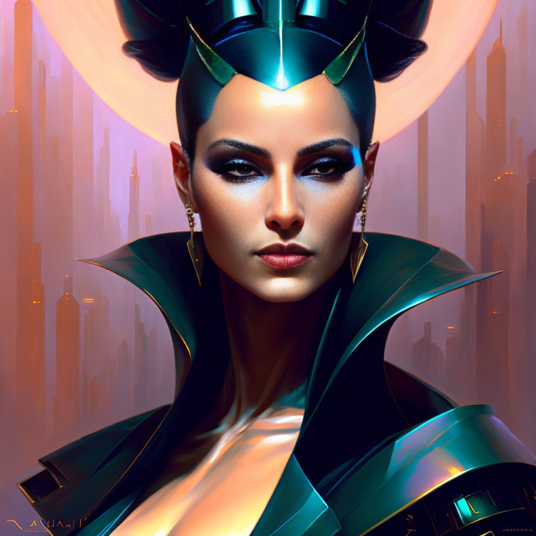 Futuristic woman with black and teal headdress and cityscape background