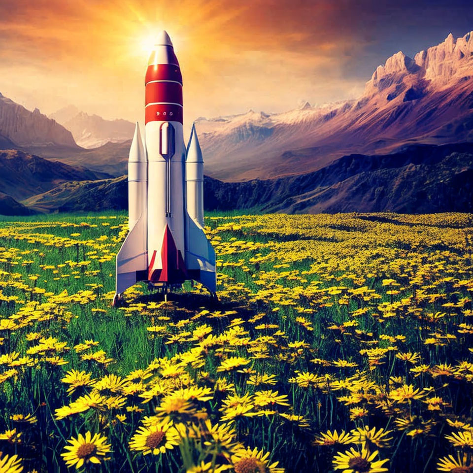 Rocket Model in Vibrant Yellow Flower Field with Snow-Capped Mountains