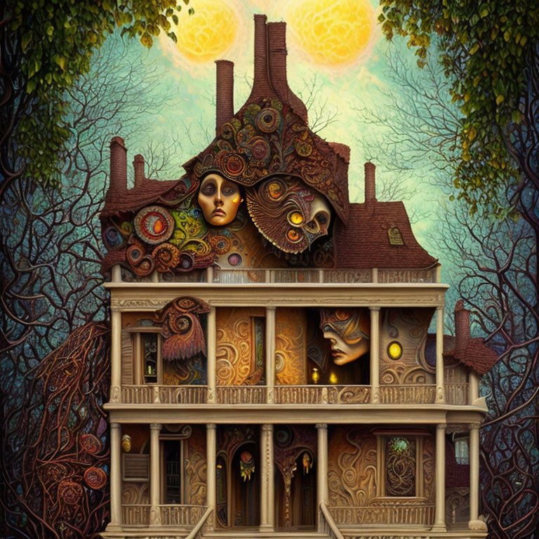 Intricate facial elements on fantastical house under yellow moon