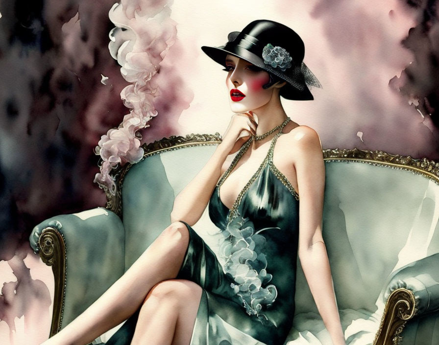Vintage-style woman in black hat and sleek dress on ornate sofa with drifting smoke