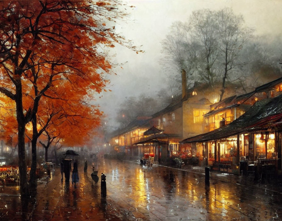 Rainy Evening Scene: Wet Cobblestones, Umbrellas, Autumn Trees, and Lit Shops