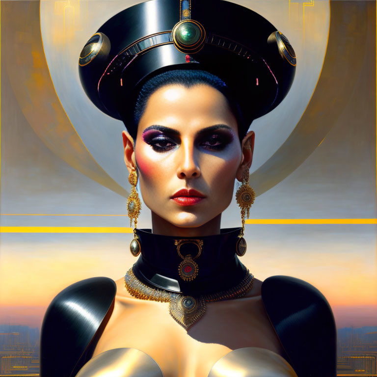 Futuristic woman portrait with elaborate headdress and intense makeup