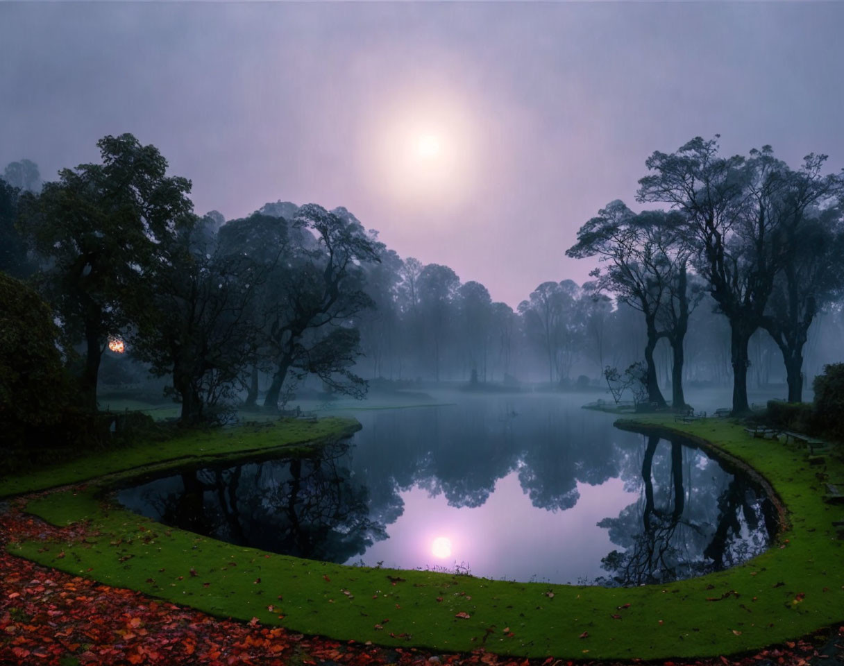Tranquil Misty Lakescape at Dawn with Autumn Leaves