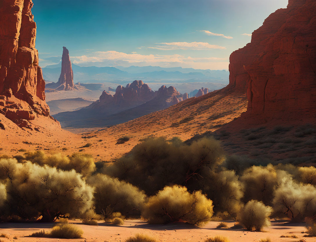 Red Rock Formations in Desert Landscape with Shrubs and Clear Sky