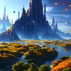 Alien landscape with towering spires and golden vegetation