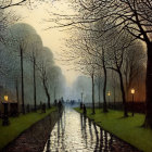 Tranquil park evening with wet pathway, glowing houses, and bare trees
