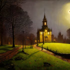 Full Moon Shines on Old Church in Nighttime Scene