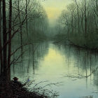 Moonlit swamp with bare trees, fireflies, and mystical atmosphere.