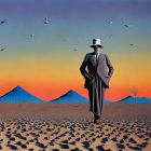 Man in suit with apple in desert landscape with mountains and birds