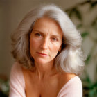 Elderly woman portrait with long gray hair and serious expression