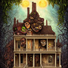 Intricate facial elements on fantastical house under yellow moon