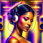 Woman with headphones in neon lights showcases futuristic musical vibe
