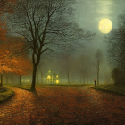 Full Moon Over Serene Autumn Night with Cobblestone Path, Cozy Cottage, and Orange Leaves