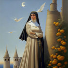 Serene nun by castle tower with orange flowers and doves under crescent moon