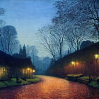 Nighttime Rain Scene: Cobblestone Path, Lamplight, Trees, Distant Domes