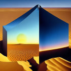 Surreal painting: desert scene with mirrored cube and solitary figure