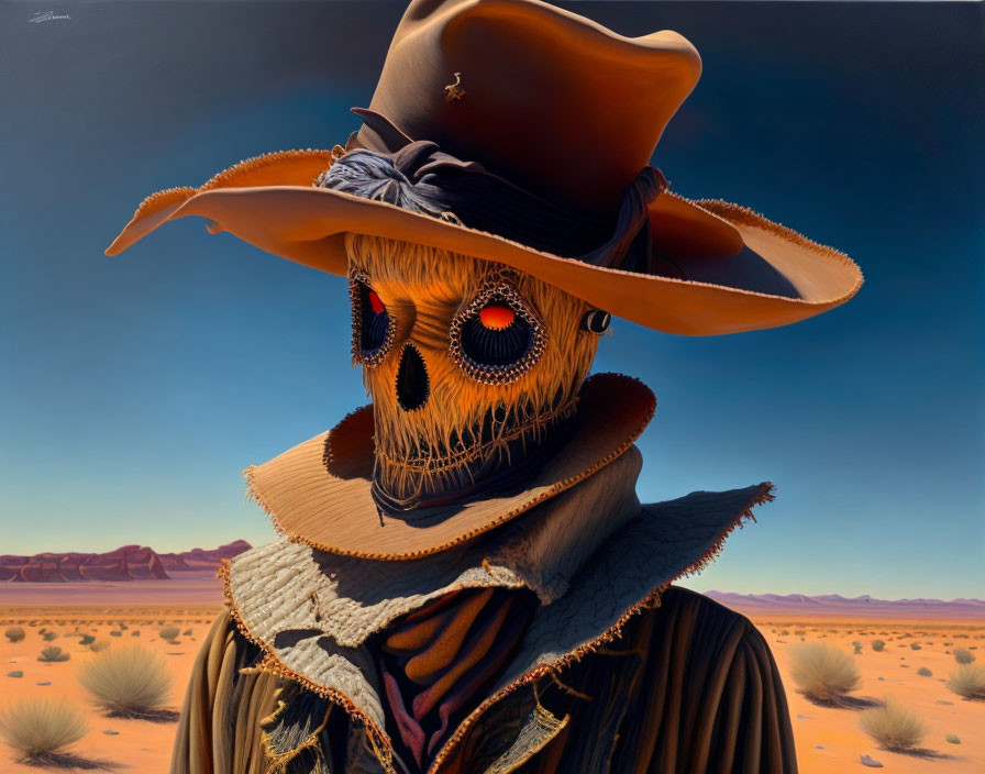 Skeleton in Cowboy Hat and Poncho in Desert Scene