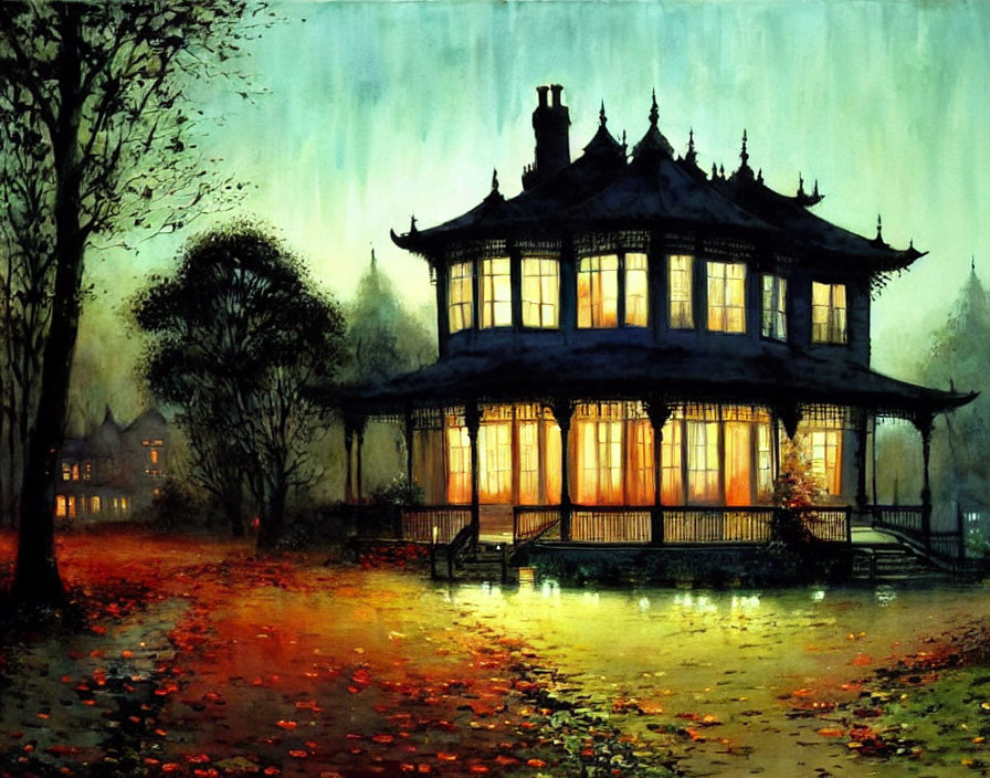 Victorian house with warm glow in serene dusk setting