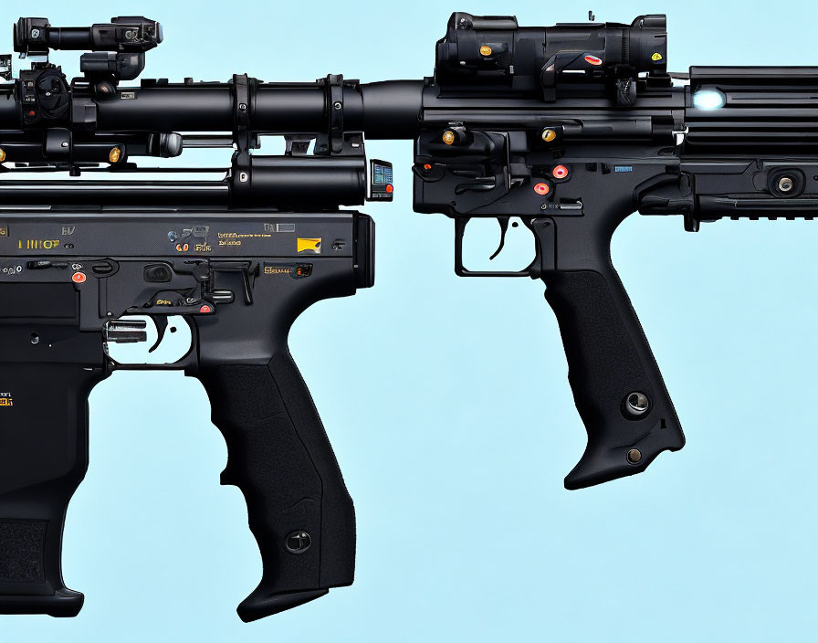 Two black assault rifles with optical sights on light blue background