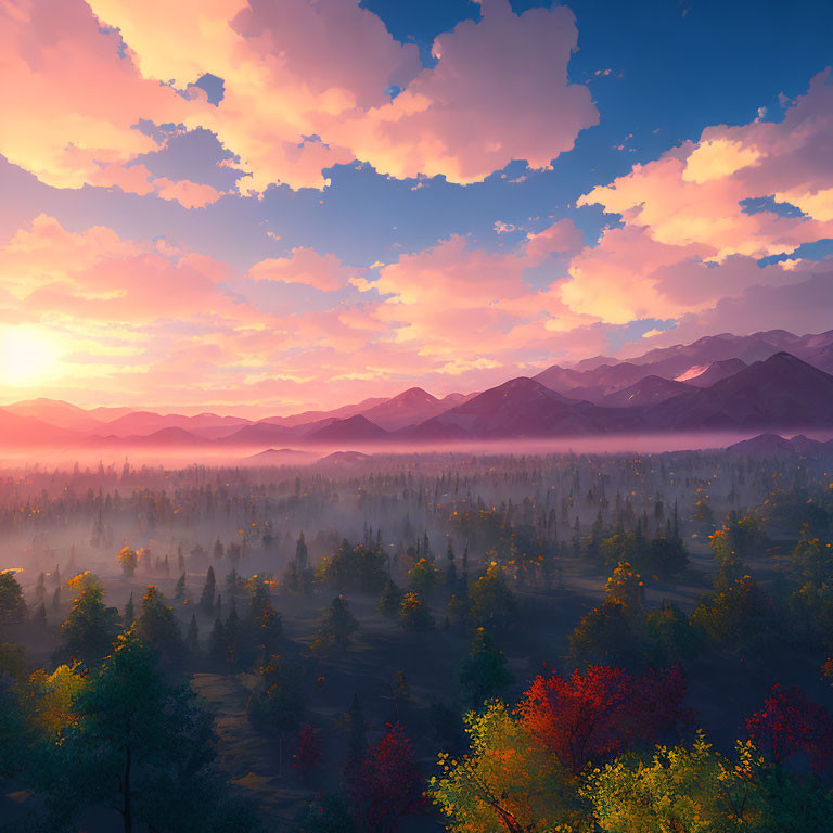 Colorful sunset landscape with misty forests and mountains.