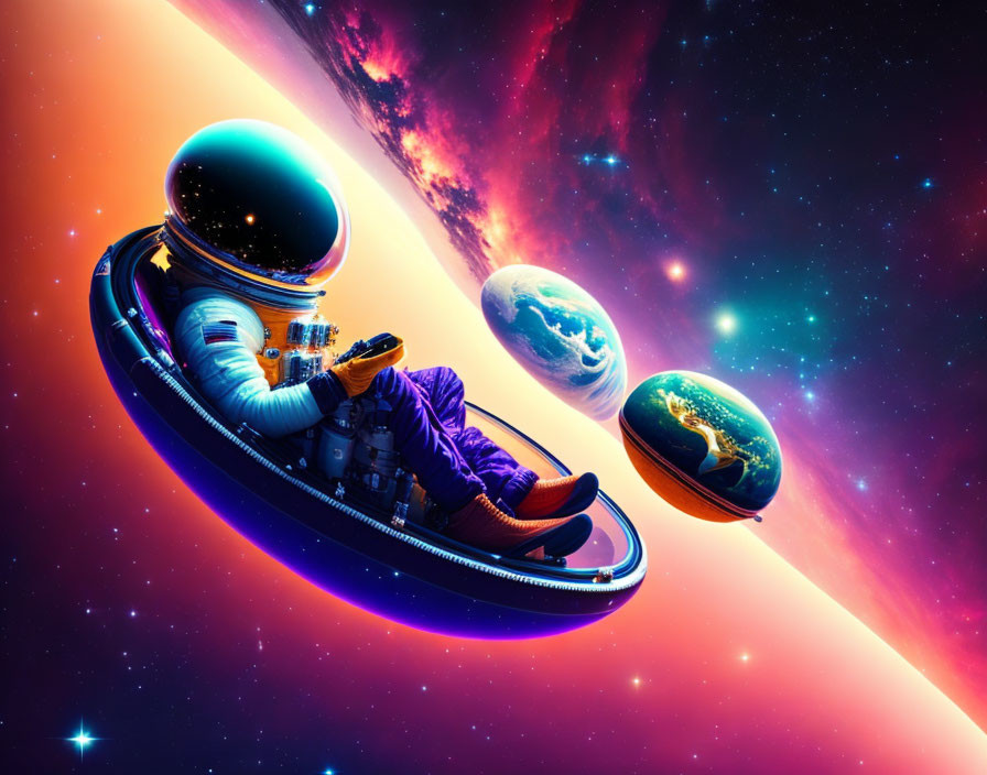 Astronaut relaxing on space ring with smartphone amidst colorful nebulae