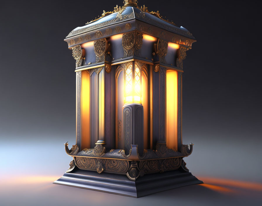 Intricate gold and blue antique lantern on gradient background