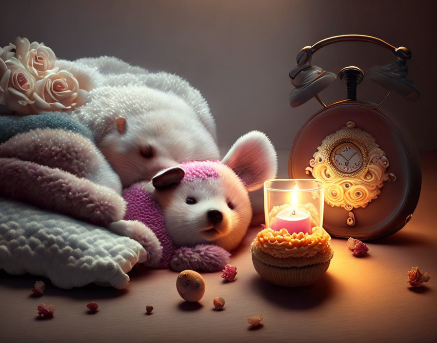 Plush Dog Toy with Candle, Cupcakes, and Alarm Clock in Cozy Setting