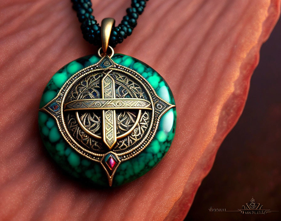 Circular Gold Pendant with Emerald Green Inlay on Textured Surface