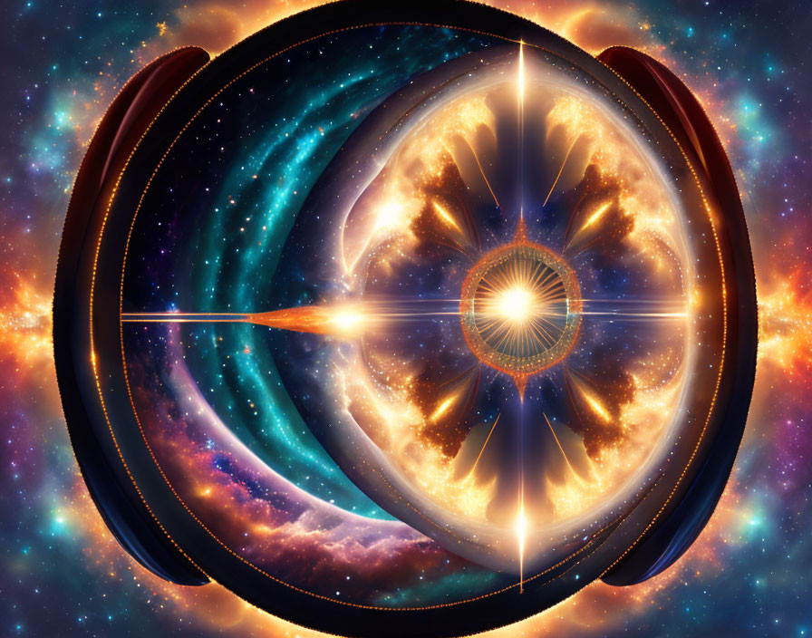 Colorful cosmic artwork with golden eye symbol, swirling galaxies, and stars in dark circular frames.