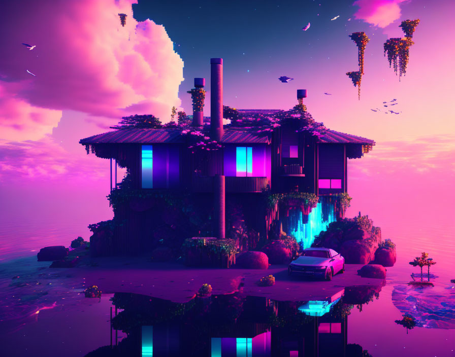 Vibrant pink and purple floating house in twilight scenery